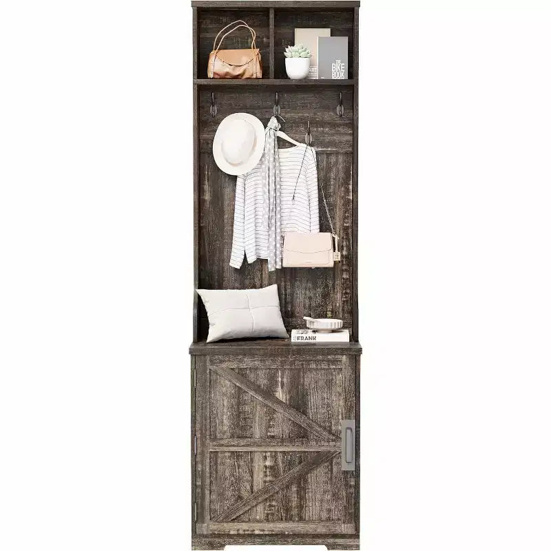 Meuble d'entrée étroit Acekool style ferme avec banc et rangement à chaussures, porte-manteaux, porte coulissante, petit organiseur d'entrée