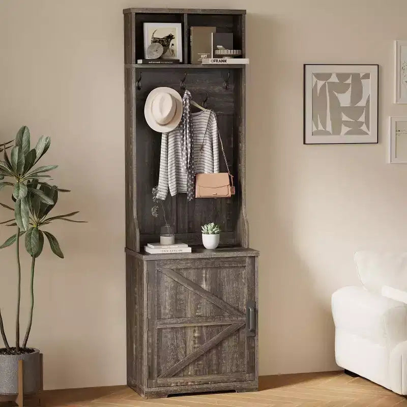 Meuble d'entrée étroit Acekool style ferme avec banc et rangement à chaussures, porte-manteaux, porte coulissante, petit organiseur d'entrée