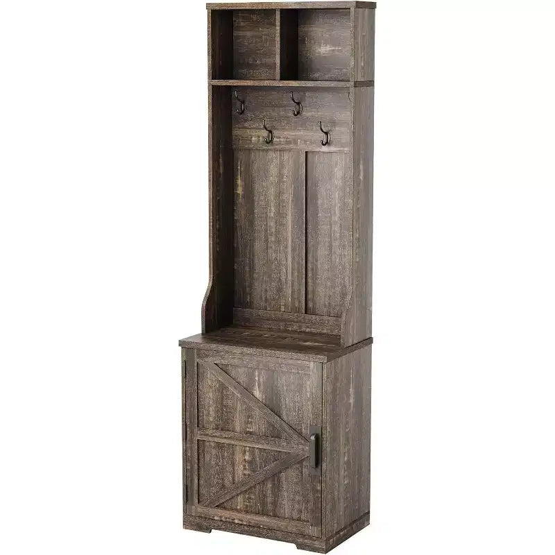 Meuble d'entrée étroit Acekool style ferme avec banc et rangement à chaussures, porte-manteaux, porte coulissante, petit organiseur d'entrée