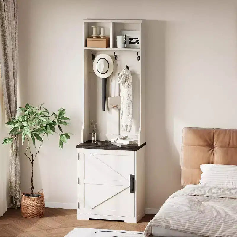 Meuble d'entrée étroit Acekool style ferme avec banc et rangement à chaussures, porte-manteaux, porte coulissante, petit organiseur d'entrée