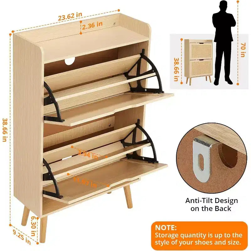 Meuble à chaussures en rotin Acekool - Organisateur d'entrée mince pouvant contenir plus de 15 paires, 2 portes et étagère pour couloir, chambre, blanc et naturel