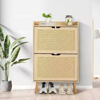 Meuble à chaussures en rotin Acekool - Organisateur d'entrée mince pouvant contenir plus de 15 paires, 2 portes et étagère pour couloir, chambre, blanc et naturel