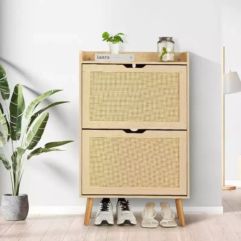Meuble à chaussures en rotin Acekool - Organisateur d'entrée mince pouvant contenir plus de 15 paires, 2 portes et étagère pour couloir, chambre, blanc et naturel