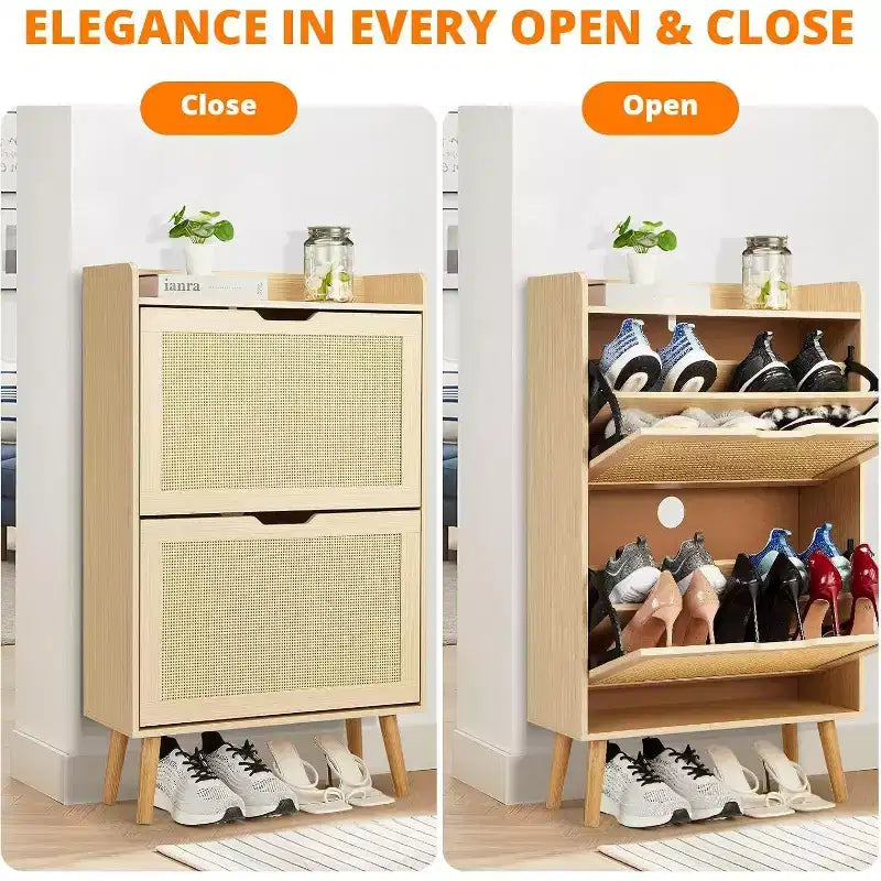 Meuble à chaussures en rotin Acekool - Organisateur d'entrée mince pouvant contenir plus de 15 paires, 2 portes et étagère pour couloir, chambre, blanc et naturel