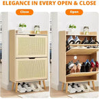 Meuble à chaussures en rotin Acekool - Organisateur d'entrée mince pouvant contenir plus de 15 paires, 2 portes et étagère pour couloir, chambre, blanc et naturel