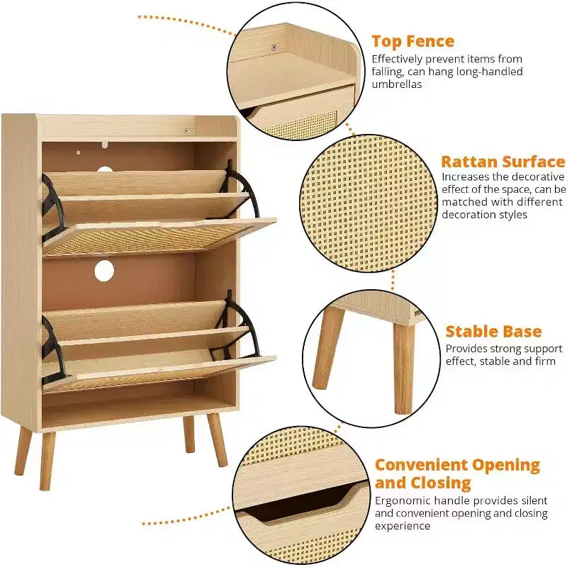 Meuble à chaussures en rotin Acekool - Organisateur d'entrée mince pouvant contenir plus de 15 paires, 2 portes et étagère pour couloir, chambre, blanc et naturel