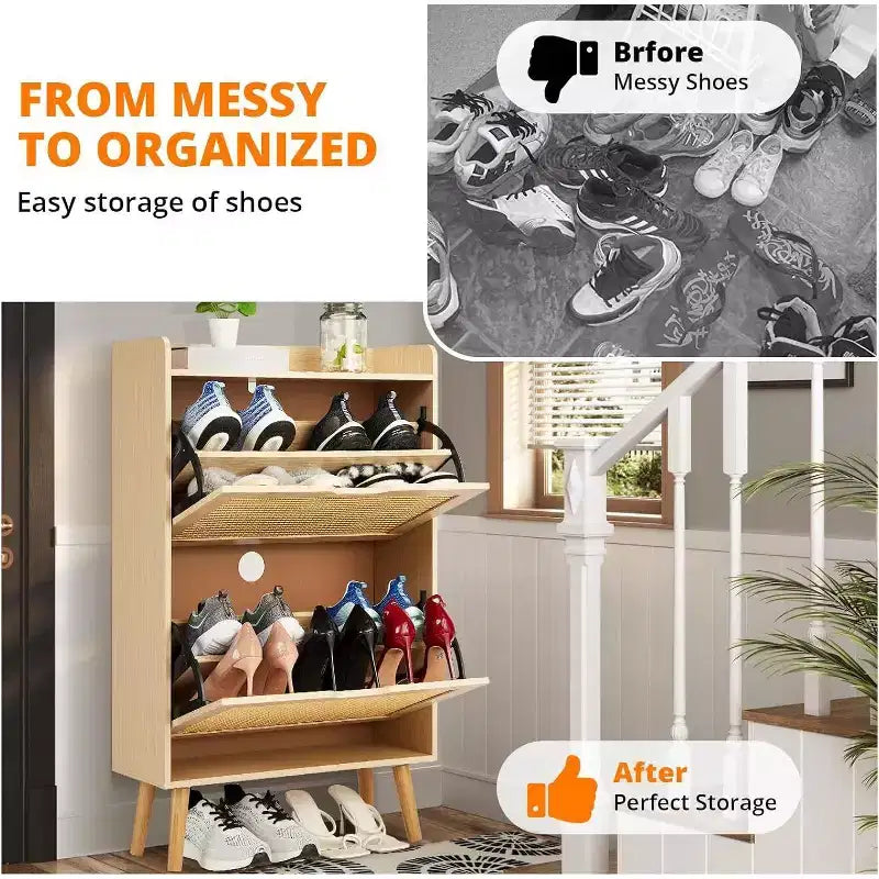 Meuble à chaussures en rotin Acekool - Organisateur d'entrée mince pouvant contenir plus de 15 paires, 2 portes et étagère pour couloir, chambre, blanc et naturel