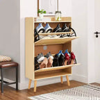 Meuble à chaussures en rotin Acekool - Organisateur d'entrée mince pouvant contenir plus de 15 paires, 2 portes et étagère pour couloir, chambre, blanc et naturel