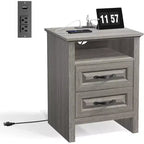 Amada Farmhouse Nightstand with Charging Station, 18.9 Inch Wide Bedside Table with 2 Drawers, USB, Rustic Farmhouse End Table for Bedroom, Gray