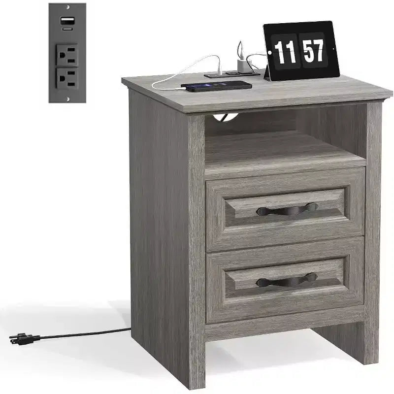 Amada Farmhouse Nightstand with Charging Station, 18.9 Inch Wide Bedside Table with 2 Drawers, USB, Rustic Farmhouse End Table for Bedroom, Gray