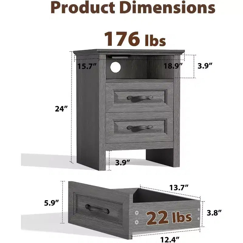 Table de chevet de ferme Amada avec station de charge, table de chevet de 48 cm de large avec 2 tiroirs, USB, table d'appoint de ferme rustique pour chambre à coucher, gris