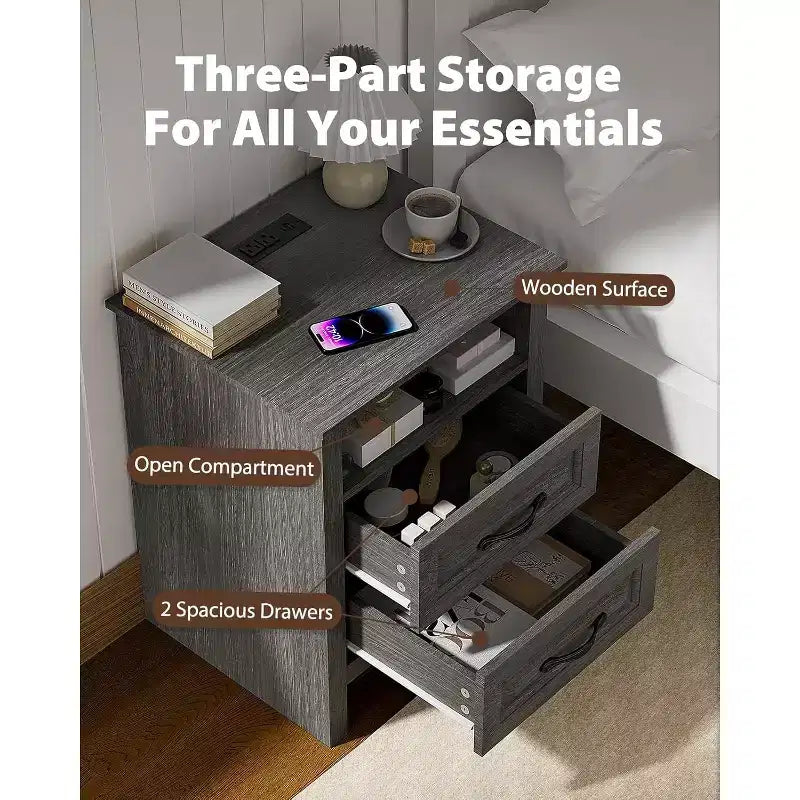 Table de chevet de ferme Amada avec station de charge, table de chevet de 48 cm de large avec 2 tiroirs, USB, table d'appoint de ferme rustique pour chambre à coucher, gris
