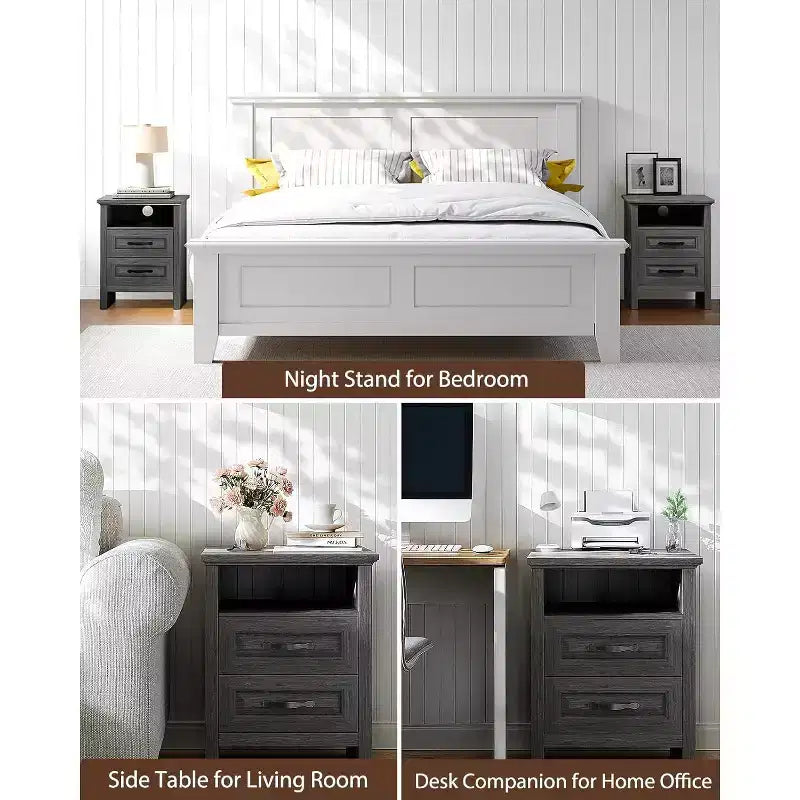 Table de chevet de ferme Amada avec station de charge, table de chevet de 48 cm de large avec 2 tiroirs, USB, table d'appoint de ferme rustique pour chambre à coucher, gris