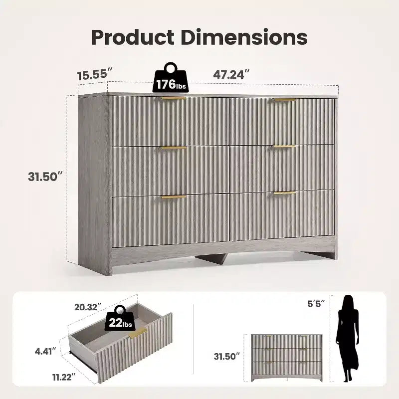 Commode Amada Modern à 6 tiroirs, commode en bois cannelé avec coins arrondis, coulisses de tiroir pré-installées, meuble TV, gris