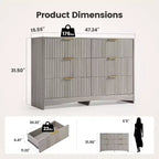 Commode Amada Modern à 6 tiroirs, commode en bois cannelé avec coins arrondis, coulisses de tiroir pré-installées, meuble TV, gris