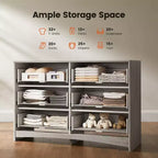 Commode Amada Modern à 6 tiroirs, commode en bois cannelé avec coins arrondis, coulisses de tiroir pré-installées, meuble TV, gris