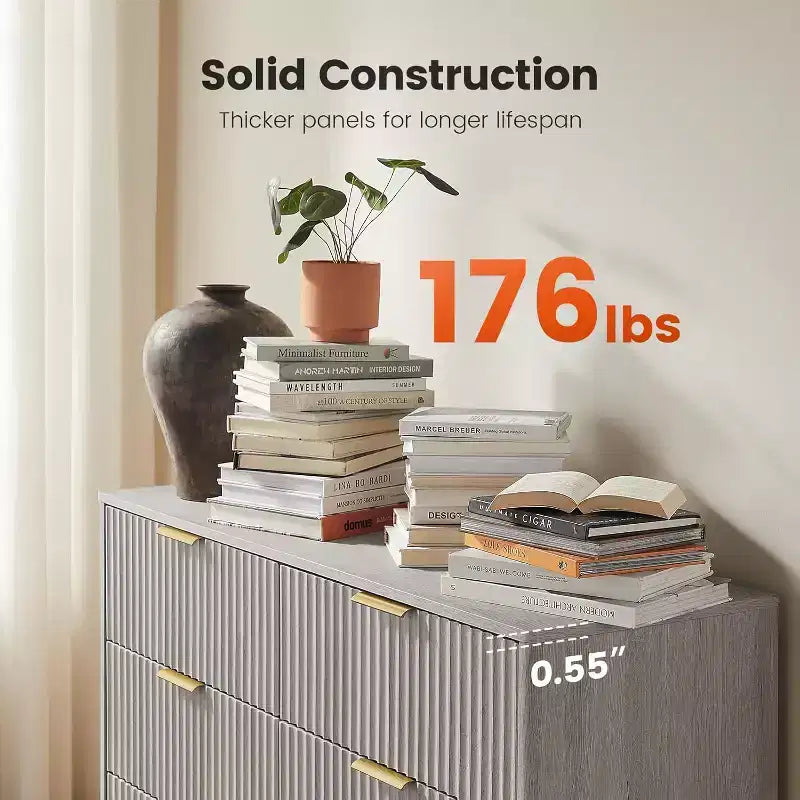 Commode Amada Modern à 6 tiroirs, commode en bois cannelé avec coins arrondis, coulisses de tiroir pré-installées, meuble TV, gris