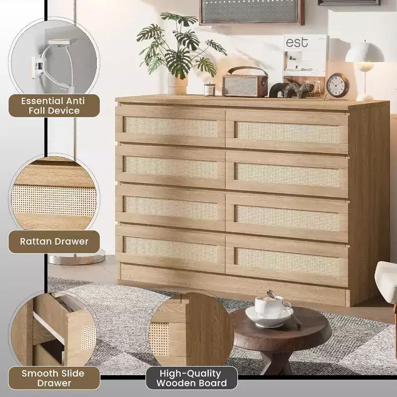 Commode double à 8 tiroirs pour chambre à coucher, commode en rotin, commode en bois moderne, table de chevet pour placard, salon et entrée