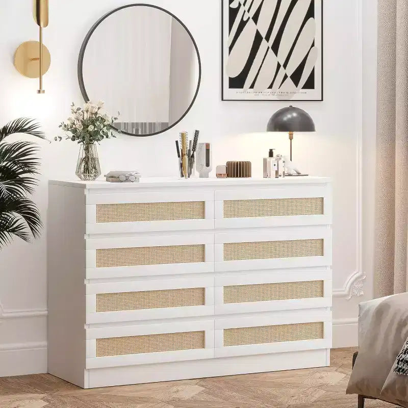 Commode double à 8 tiroirs pour chambre à coucher, commode en rotin, commode en bois moderne, table de chevet pour placard, salon et entrée