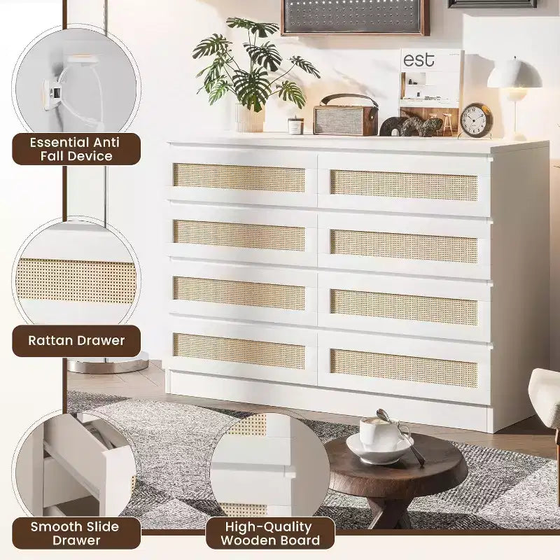Commode double à 8 tiroirs pour chambre à coucher, commode en rotin, commode en bois moderne, table de chevet pour placard, salon et entrée