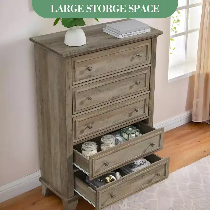 Commode à 5 tiroirs pour chambre à coucher, commode haute en bois de 122 cm avec tiroirs profonds, organisateur de commode moderne pour salon, couloir, entrée