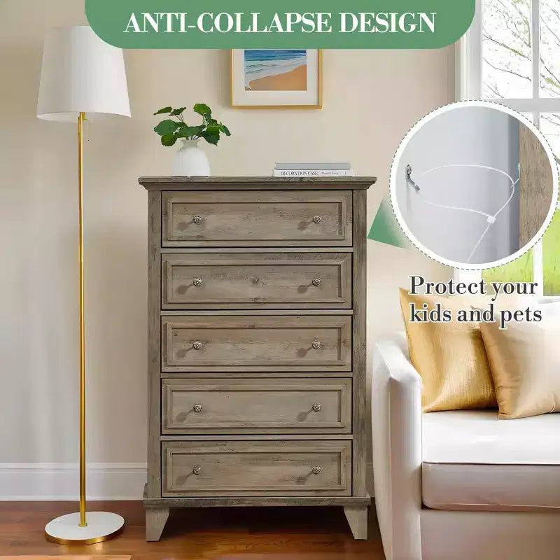 Commode à 5 tiroirs pour chambre à coucher, commode haute en bois de 122 cm avec tiroirs profonds, organisateur de commode moderne pour salon, couloir, entrée