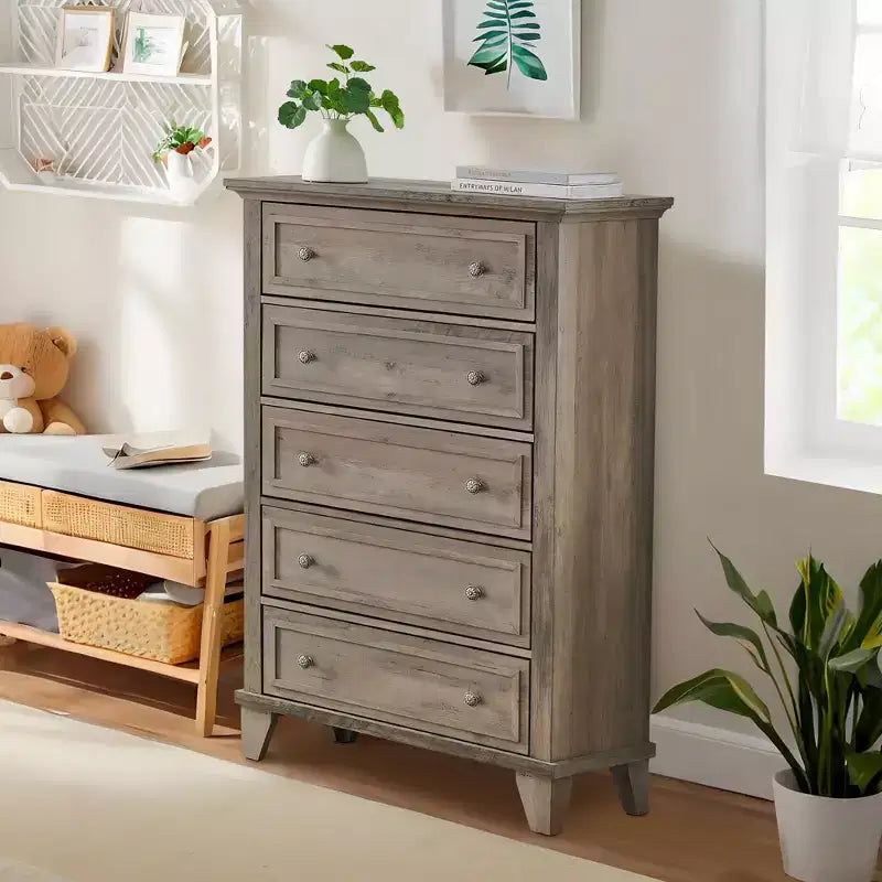 Commode à 5 tiroirs pour chambre à coucher, commode haute en bois de 122 cm avec tiroirs profonds, organisateur de commode moderne pour salon, couloir, entrée