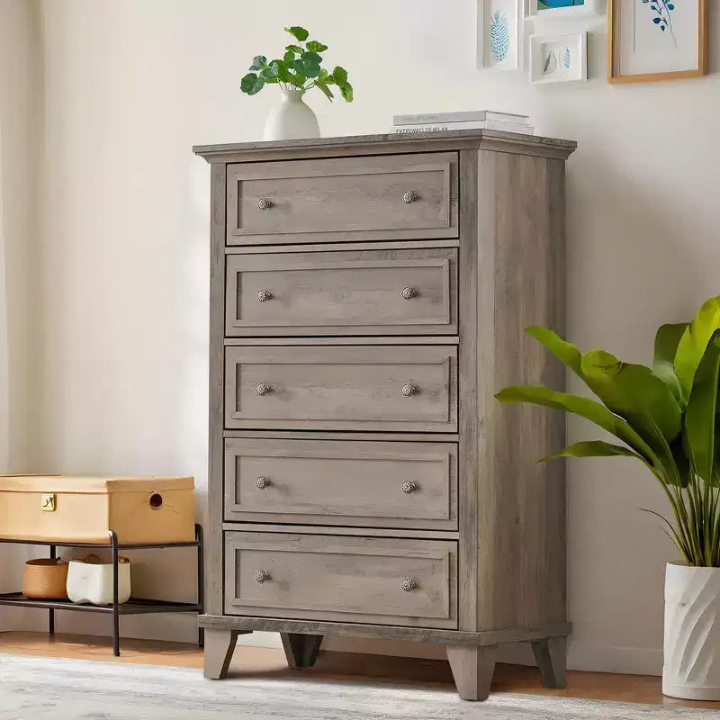 Commode à 5 tiroirs pour chambre à coucher, commode haute en bois de 122 cm avec tiroirs profonds, organisateur de commode moderne pour salon, couloir, entrée