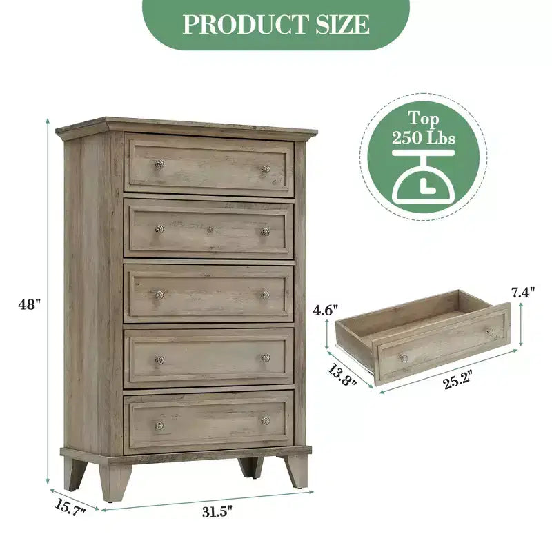 Commode à 5 tiroirs pour chambre à coucher, commode haute en bois de 122 cm avec tiroirs profonds, organisateur de commode moderne pour salon, couloir, entrée