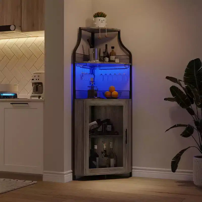 Meuble d'angle de bar avec bande LED, porte-verres, étagère réglable, meuble de bar à liqueurs à 5 niveaux pour la maison, vitrine d'angle pour petit espace