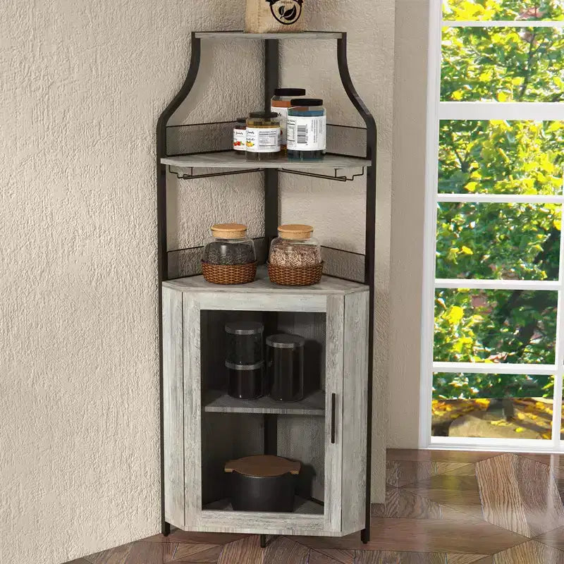 Meuble d'angle de bar avec bande LED, porte-verres, étagère réglable, meuble de bar à liqueurs à 5 niveaux pour la maison, vitrine d'angle pour petit espace