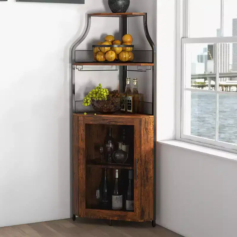 Meuble d'angle de bar avec bande LED, porte-verres, étagère réglable, meuble de bar à liqueurs à 5 niveaux pour la maison, vitrine d'angle pour petit espace