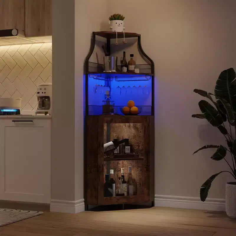 Meuble d'angle de bar avec bande LED, porte-verres, étagère réglable, meuble de bar à liqueurs à 5 niveaux pour la maison, vitrine d'angle pour petit espace
