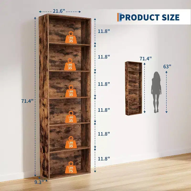 Acekool Armoire de Rangement 6 Étagères, Bibliothèque Industrielle 181 cm de Haut, Meuble de Rangement Utilitaire Haut pour Salon, Chambre, Bureau, Cuisine, Capacité 113 kg