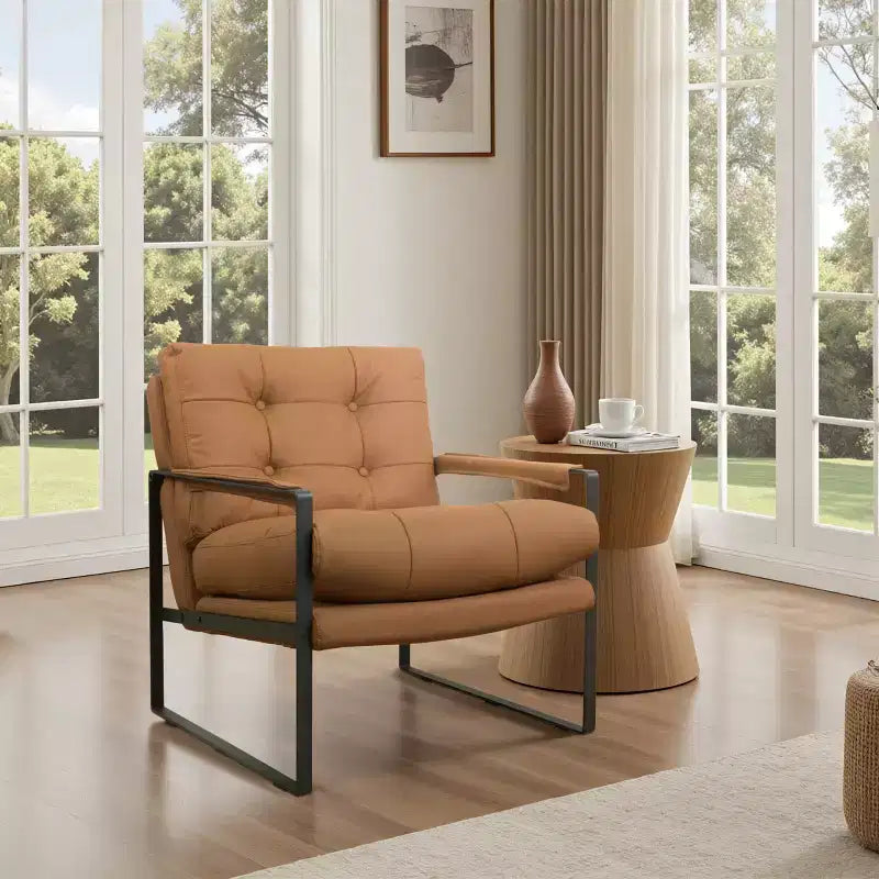 Fauteuil d'appoint en cuir véritable Art Leon avec assise et dossier capitonnés