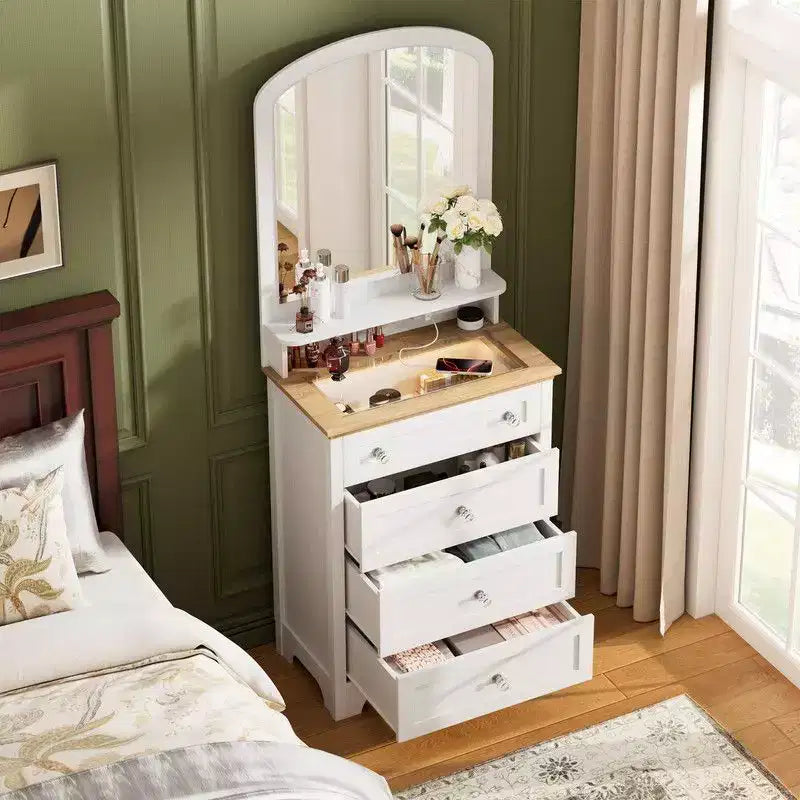 Coolmee Commode 4 Tiroirs avec Miroir, Station de Charge et Bande LED, Coiffeuse Moderne pour Petits Espaces, Chambre, Salon, Entrée