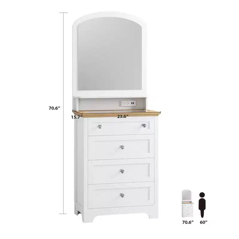 Coolmee Commode 4 Tiroirs avec Miroir, Station de Charge et Bande LED, Coiffeuse Moderne pour Petits Espaces, Chambre, Salon, Entrée