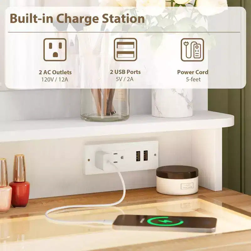Coolmee Commode 4 Tiroirs avec Miroir, Station de Charge et Bande LED, Coiffeuse Moderne pour Petits Espaces, Chambre, Salon, Entrée