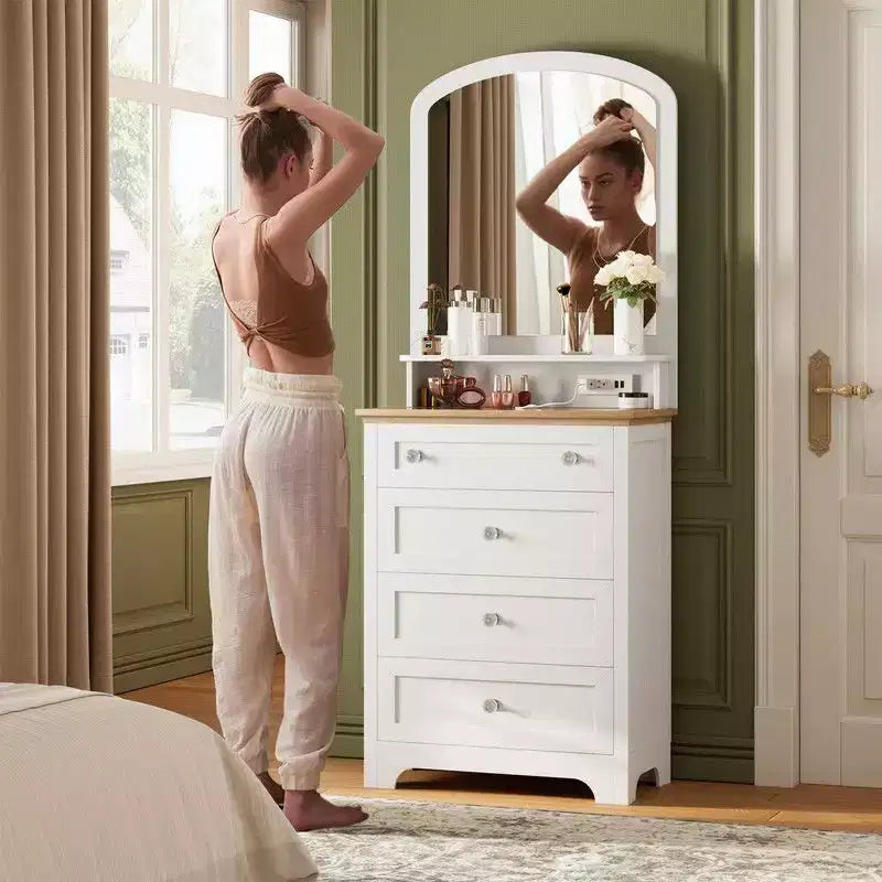 Coolmee Commode 4 Tiroirs avec Miroir, Station de Charge et Bande LED, Coiffeuse Moderne pour Petits Espaces, Chambre, Salon, Entrée