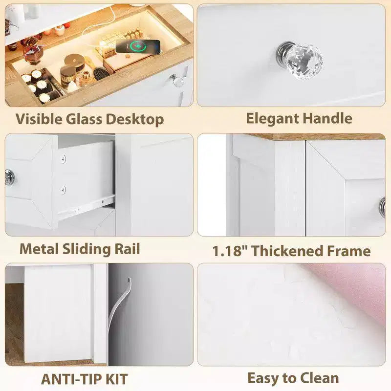 Coolmee Commode 4 Tiroirs avec Miroir, Station de Charge et Bande LED, Coiffeuse Moderne pour Petits Espaces, Chambre, Salon, Entrée