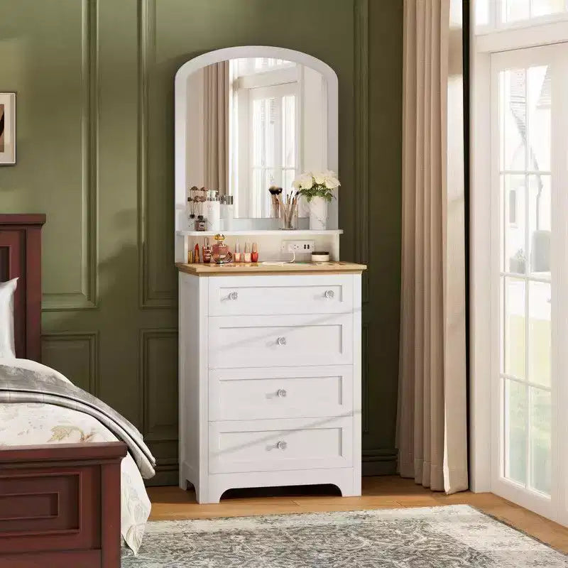 Coolmee Commode 4 Tiroirs avec Miroir, Station de Charge et Bande LED, Coiffeuse Moderne pour Petits Espaces, Chambre, Salon, Entrée