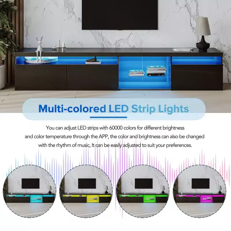 Meuble TV moderne Bestier pour téléviseurs jusqu'à 105 pouces avec 2 étagères en verre, console multimédia de rangement, meuble TV polyvalent avec lumières LED pour le salon, noir
