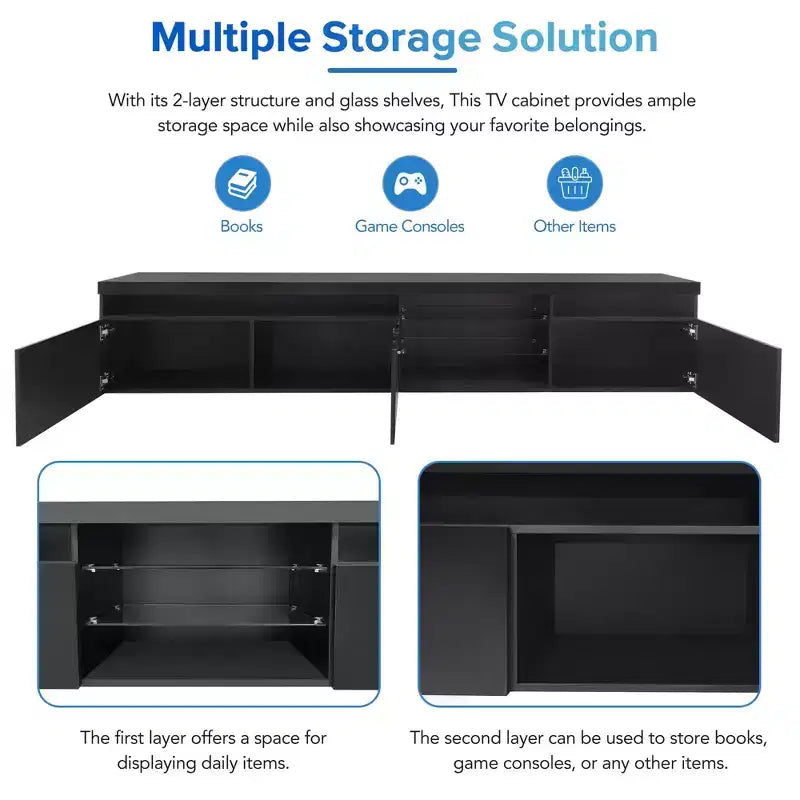 Meuble TV moderne Bestier pour téléviseurs jusqu'à 105 pouces avec 2 étagères en verre, console multimédia de rangement, meuble TV polyvalent avec lumières LED pour le salon, noir