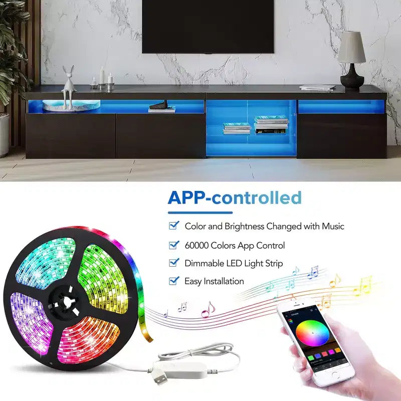 Meuble TV moderne Bestier pour téléviseurs jusqu'à 105 pouces avec 2 étagères en verre, console multimédia de rangement, meuble TV polyvalent avec lumières LED pour le salon, noir