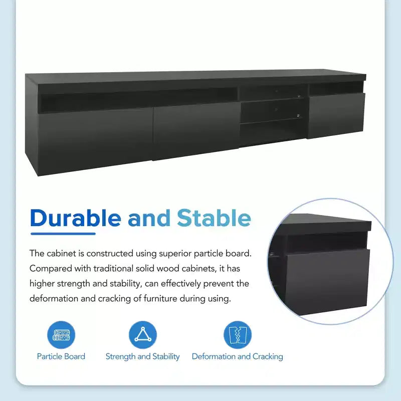 Meuble TV moderne Bestier pour téléviseurs jusqu'à 105 pouces avec 2 étagères en verre, console multimédia de rangement, meuble TV polyvalent avec lumières LED pour le salon, noir