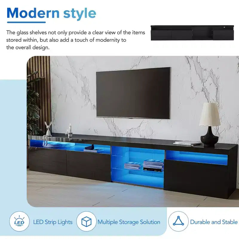 Meuble TV moderne Bestier pour téléviseurs jusqu'à 105 pouces avec 2 étagères en verre, console multimédia de rangement, meuble TV polyvalent avec lumières LED pour le salon, noir