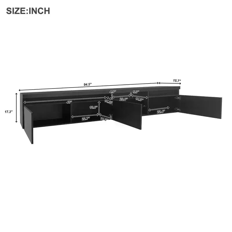 Meuble TV moderne Bestier pour téléviseurs jusqu'à 105 pouces avec 2 étagères en verre, console multimédia de rangement, meuble TV polyvalent avec lumières LED pour le salon, noir