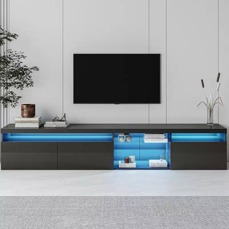 Meuble TV moderne Bestier pour téléviseurs jusqu'à 105 pouces avec 2 étagères en verre, console multimédia de rangement, meuble TV polyvalent avec lumières LED pour le salon, noir