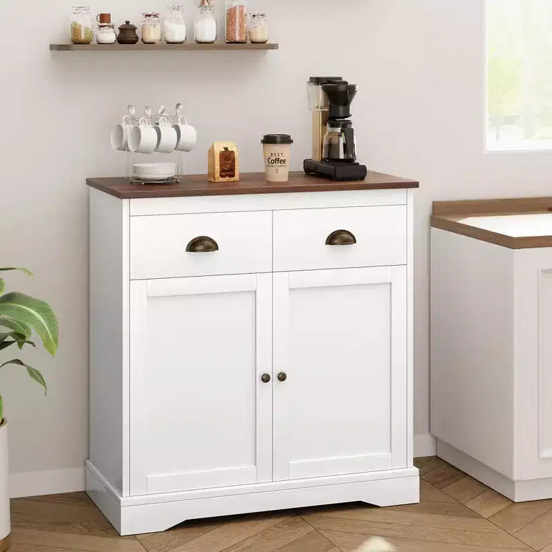 Buffet Cabinet, Sideboard - White Farmhouse Coffee Bar with 2 Doors, 2 Drawers & Adjustable Shelves for Dining Room, Living Room, Apartment