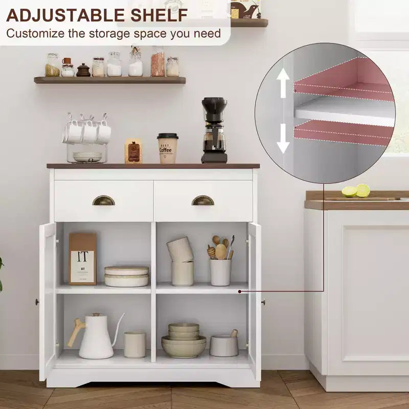 Meuble Buffet, Bahut – Bar à Café Ferme Blanc avec 2 Portes, 2 Tiroirs et Étagères Réglables pour Salle à Manger, Salon, Appartement